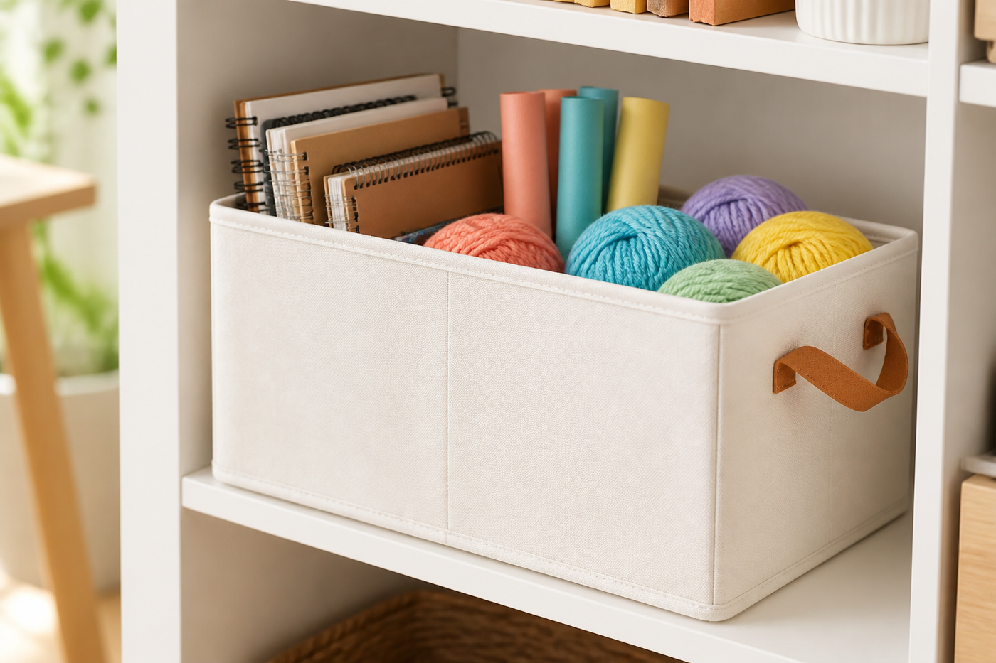 Tuck foldable storage bin organizing colorful craft supplies on a bright studio shelf