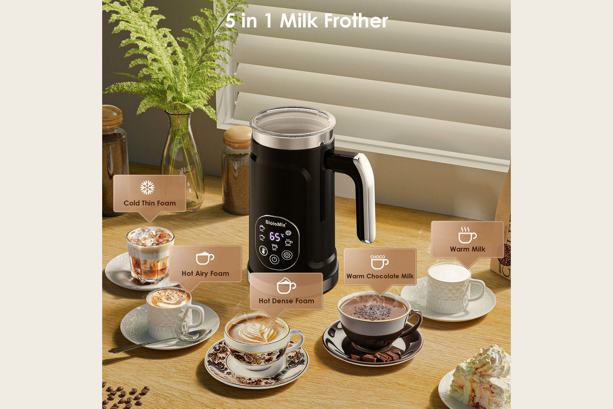 Exact black VelvetFroth milk frother showing its five hot and cold drink modes