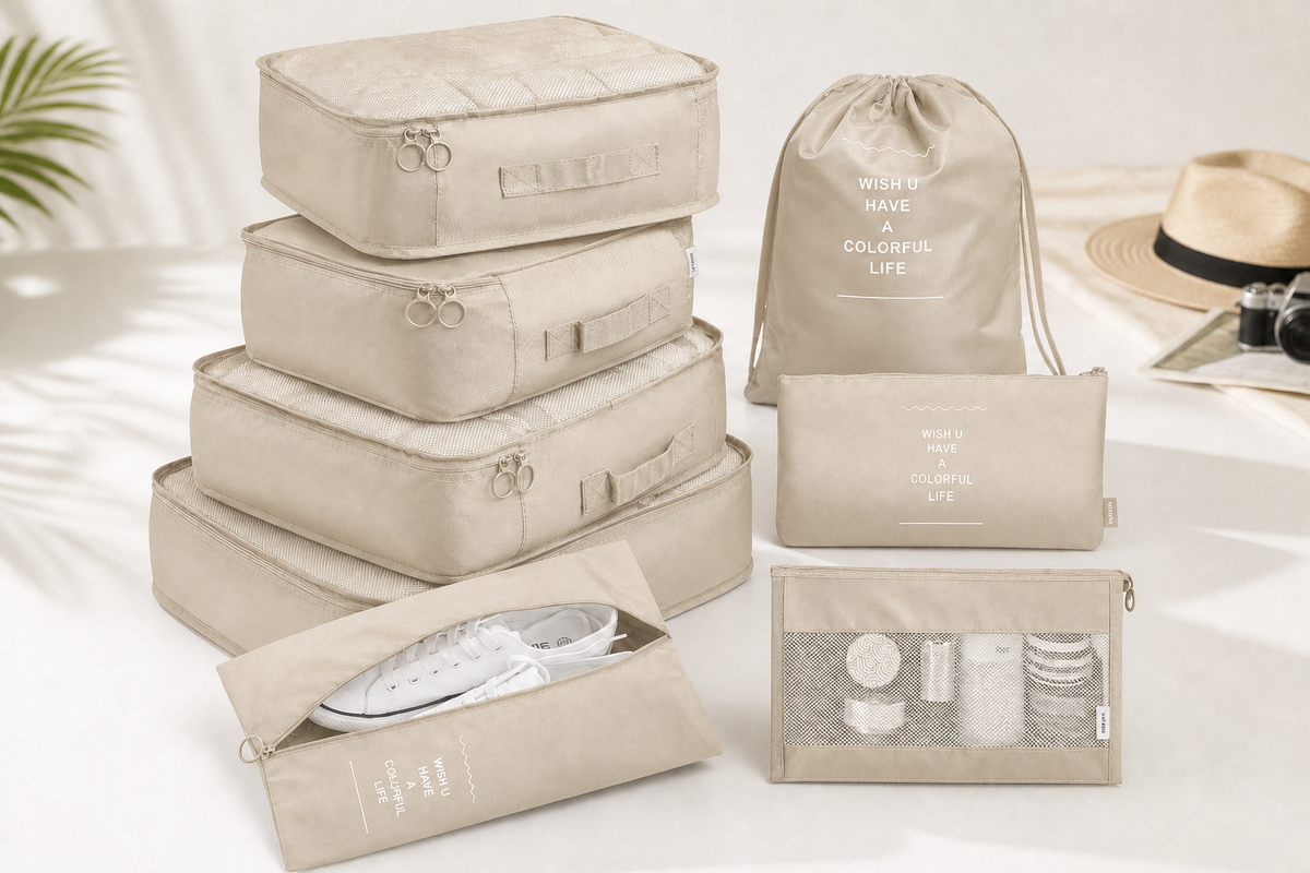 Complete beige Voyage eight-piece packing cube set
