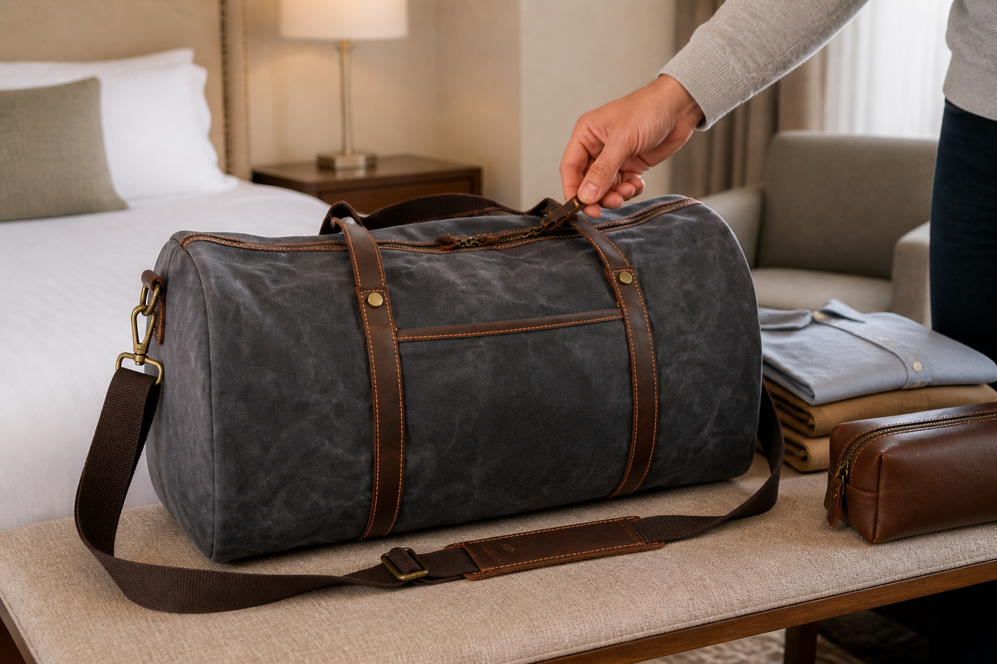Dark grey Wayfarer weekender duffel being zipped on a hotel luggage bench