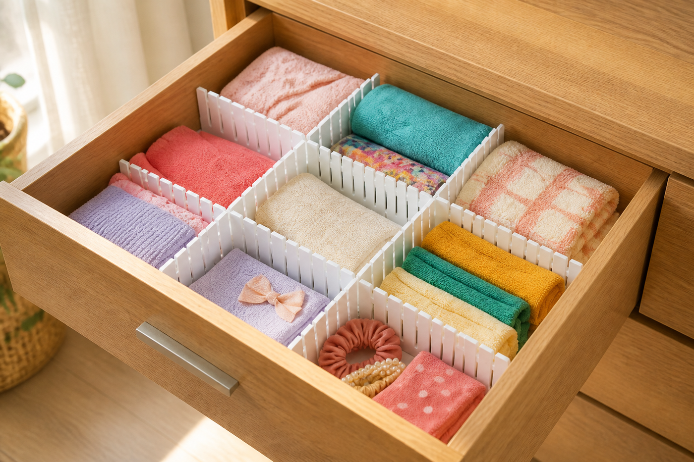 White GridFit dividers organizing colorful washcloths and hair accessories in an oak drawer