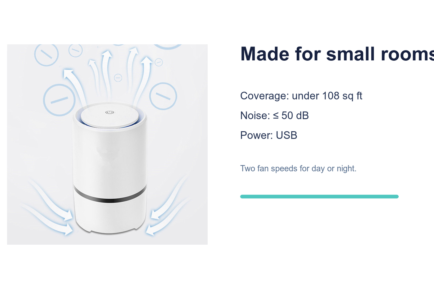 AeroPure USB air purifier specifications for rooms under 108 square feet