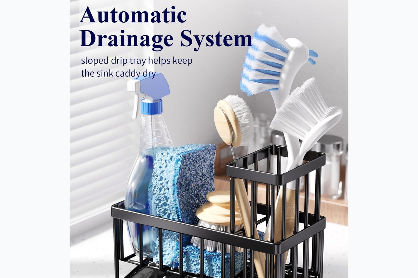 Brim sink caddy sloped drip tray and automatic drainage system