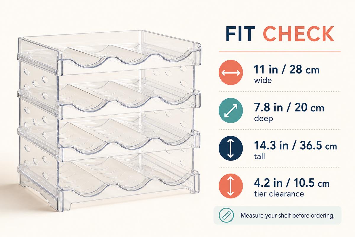 ClearStack fit guide: 11 inches wide, 7.8 inches deep, 14.3 inches tall and 4.2-inch tier clearance