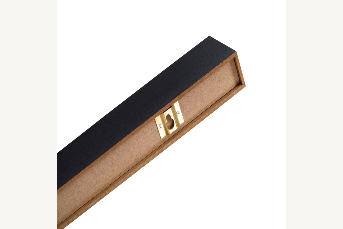 Open back of the Halo LED Floating Shelf showing a concealed brass keyhole mounting bracket