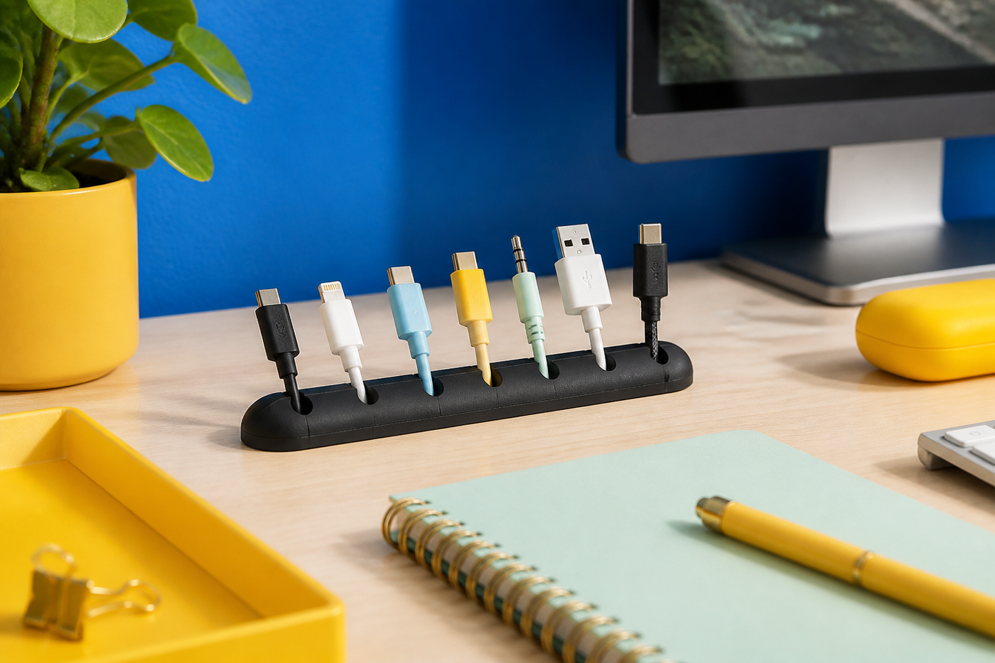 Black seven-slot CordCove organizer holding seven cables on a colorful creative desk
