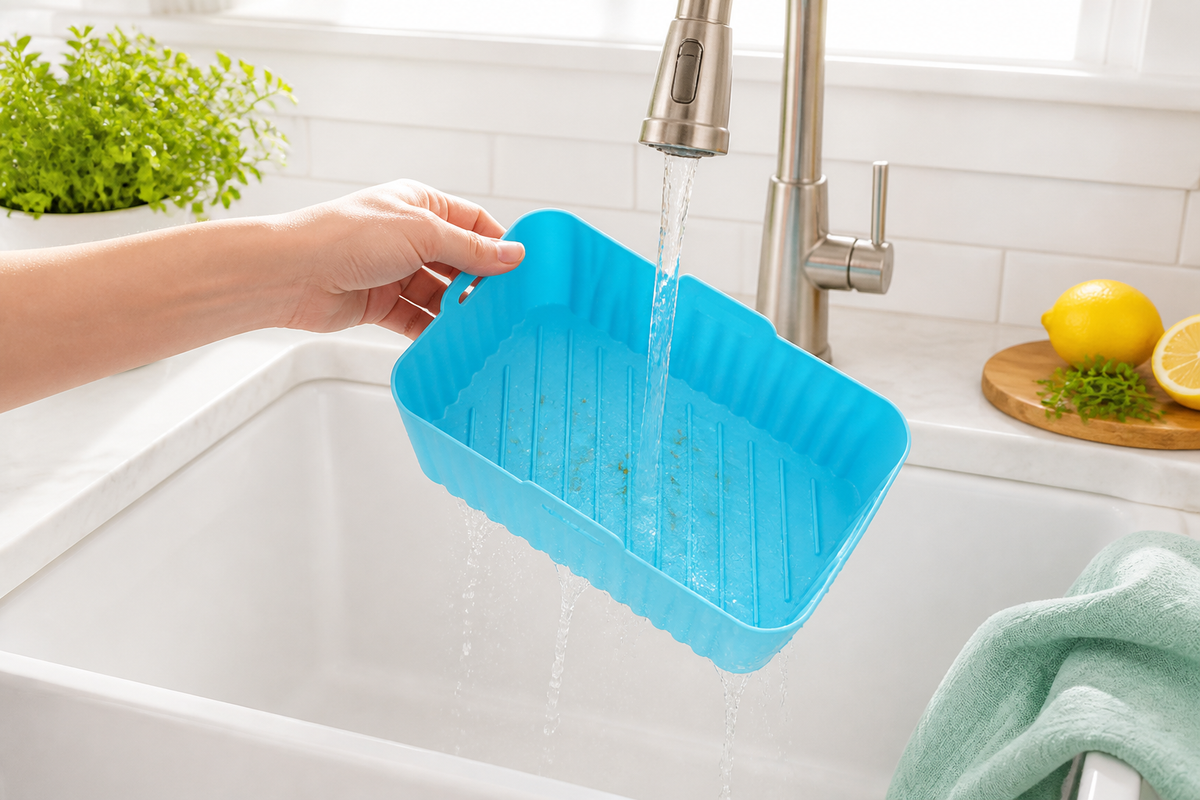 Blue CrispNest silicone liner rinsing clean at the sink