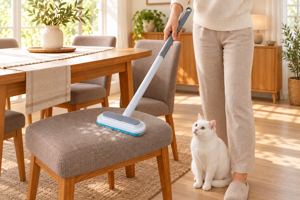 FurReach pet hair brush cleaning an upholstered dining chair