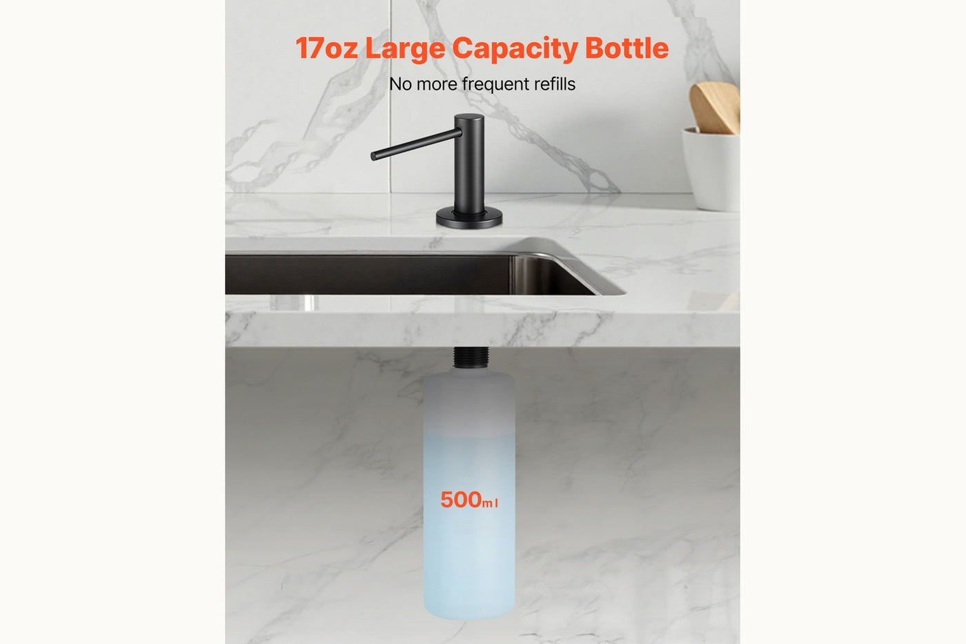 Font built-in soap dispenser showing the 17 oz bottle installed beneath a sink