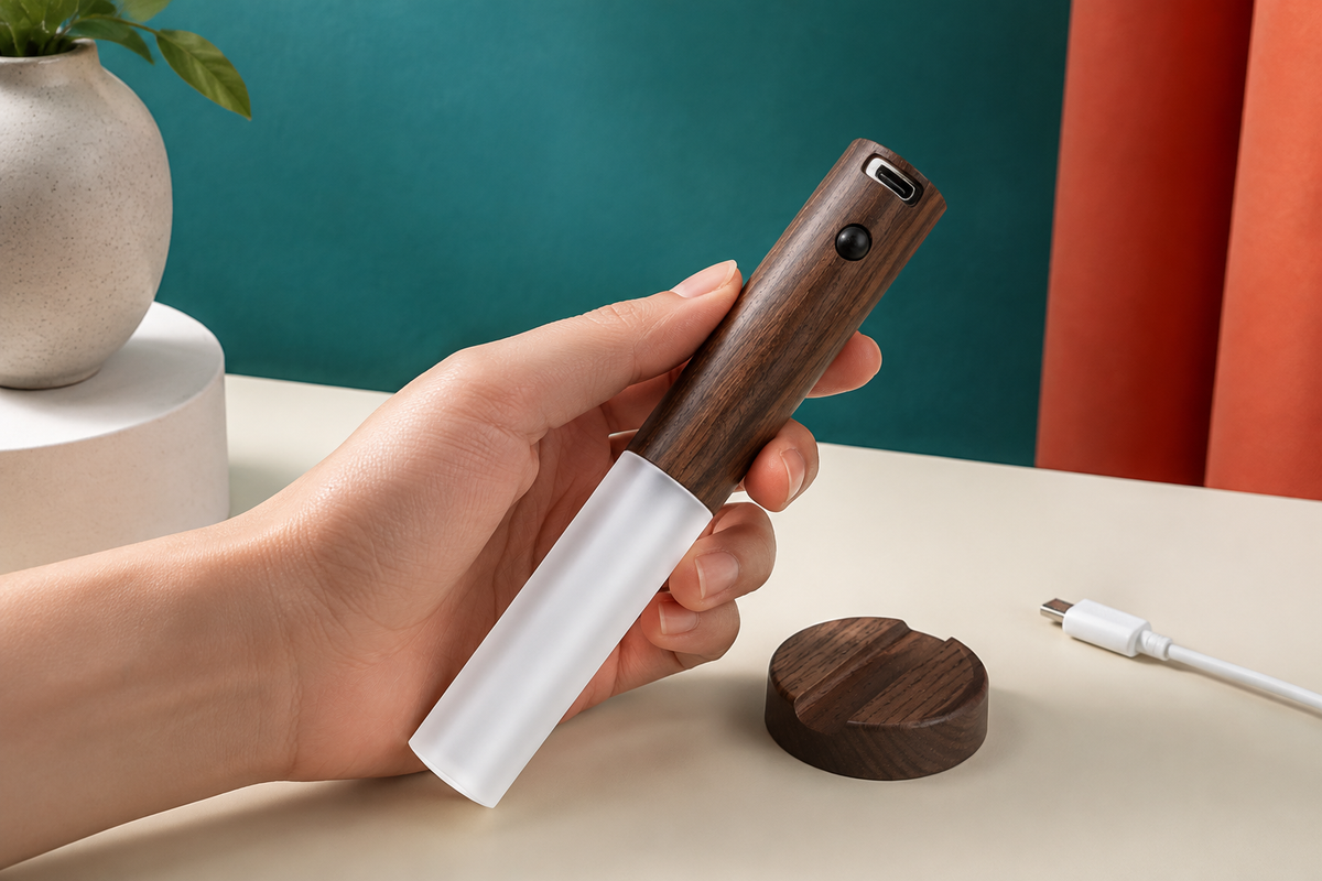 GlowSense Walnut light lifted from its magnetic base for charging
