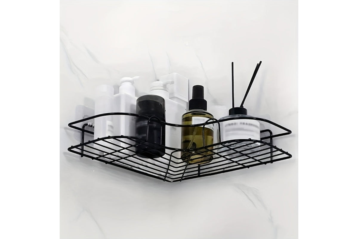 Nook exact black coated-wire corner shelf holding bathroom bottles
