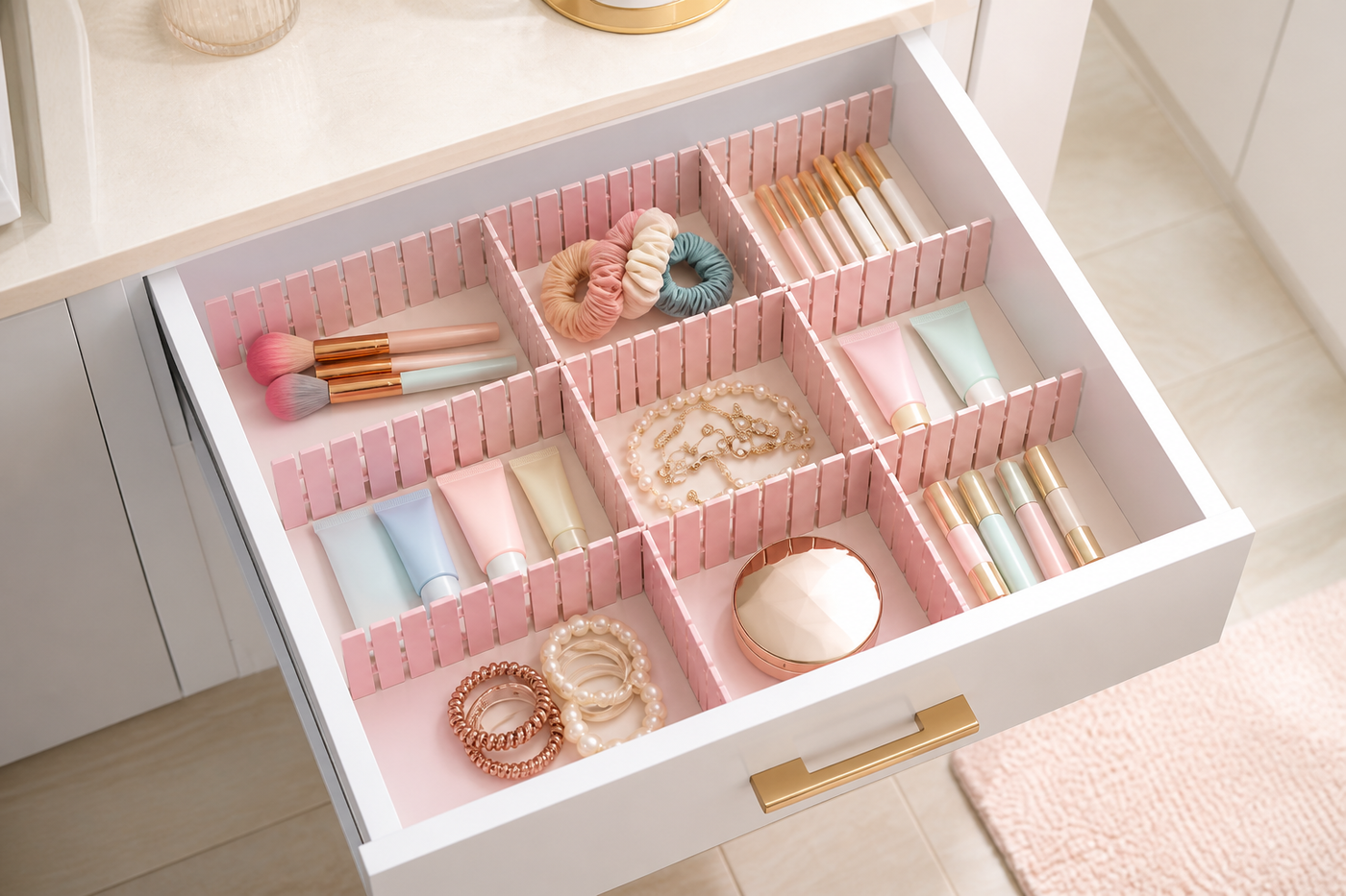 Nordic pink GridFit dividers organizing cosmetics, jewelry and scrunchies in a vanity drawer