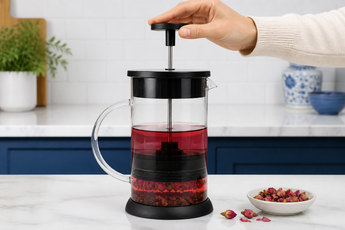 Close view of the Steep black mesh filter separating hibiscus leaves from clear brewed tea