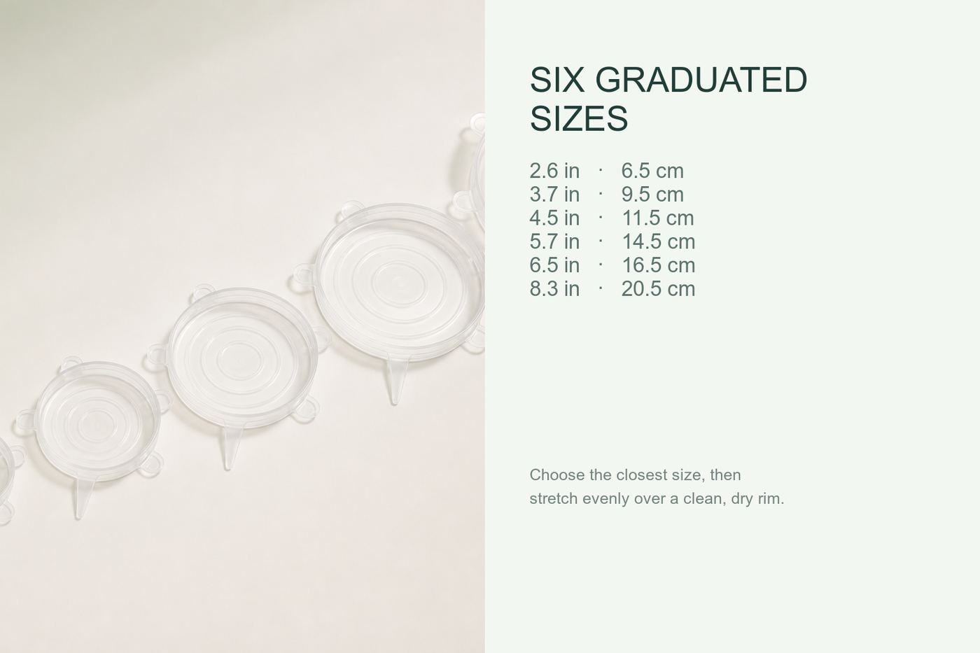 Snug silicone stretch lid size guide from 2.6 to 8.3 inches