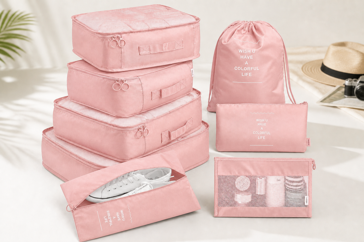 Complete pink Voyage eight-piece packing cube set
