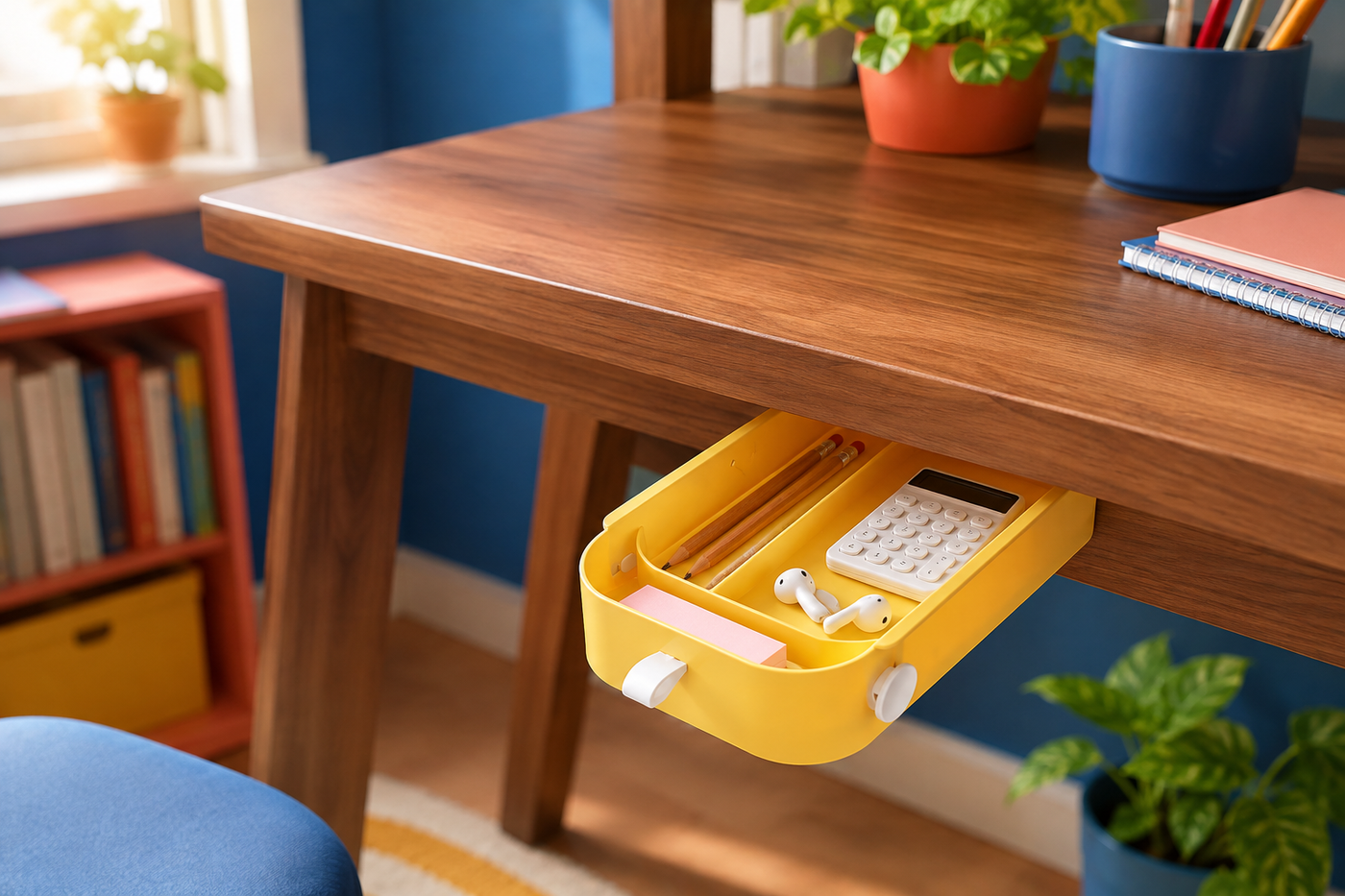 Small Lemon Yellow PocketGlide drawer organizing school supplies beneath a bright homework desk