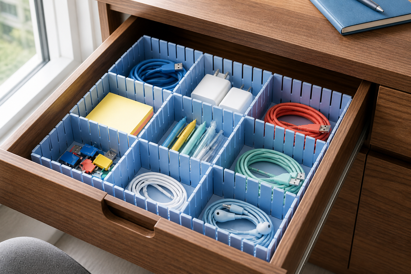 Nordic blue GridFit dividers organizing charging cables, adapters and desk accessories