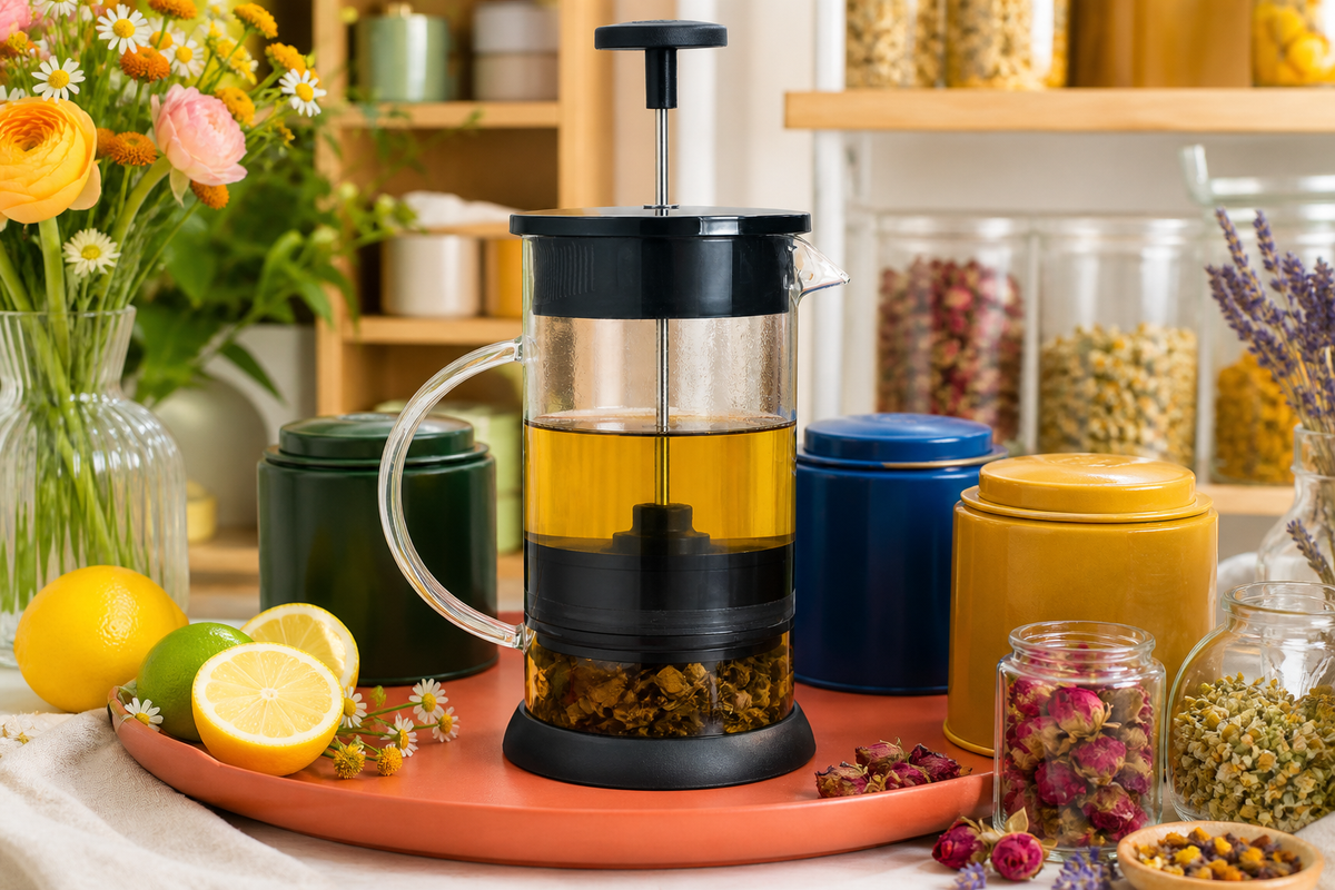Steep glass tea press on a colorful home tea bar with botanicals, citrus and flowers
