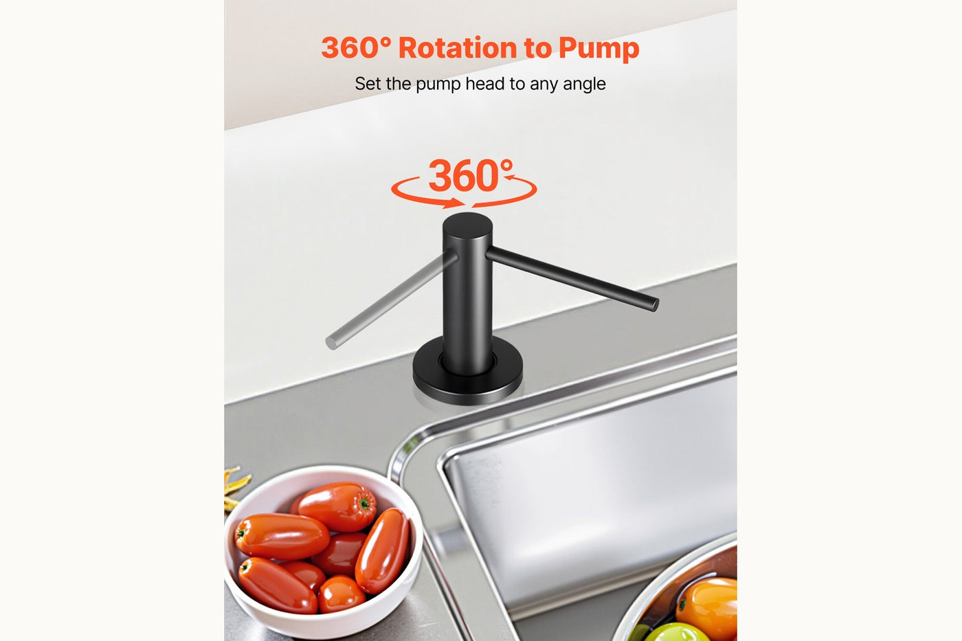 Font sink soap dispenser showing its 360-degree rotating pump head