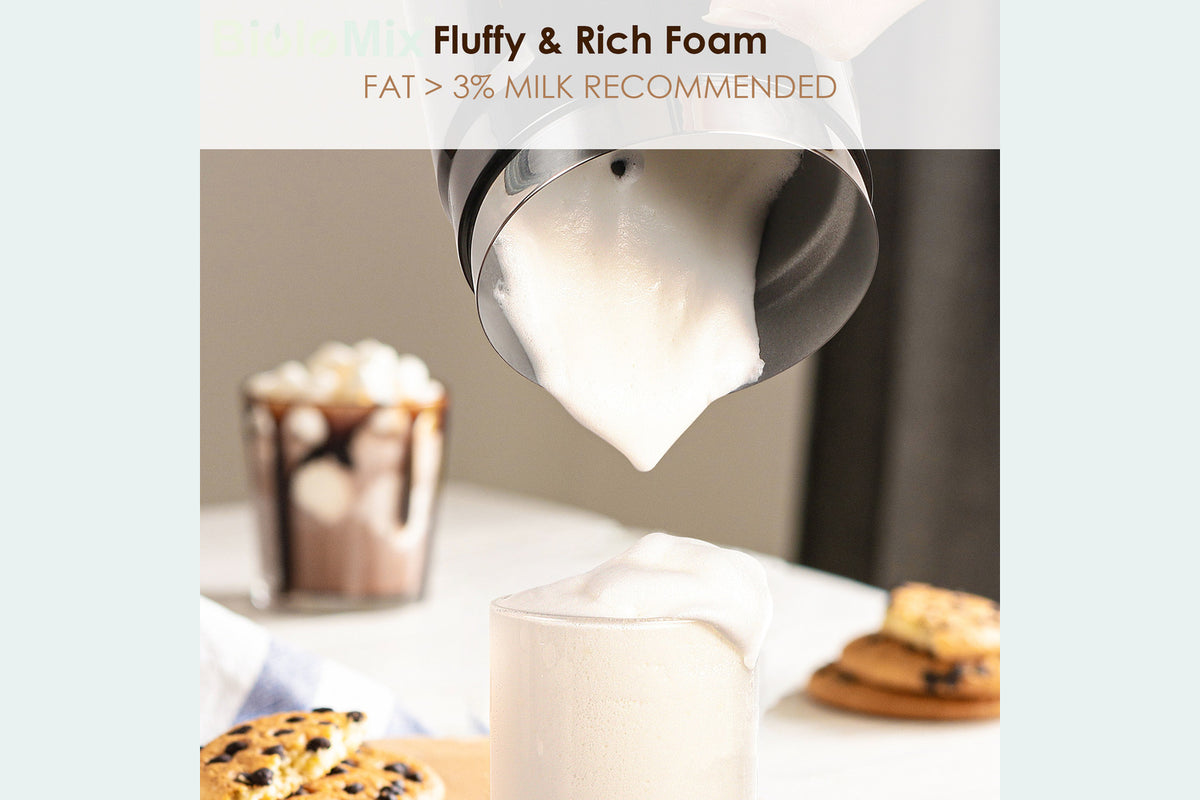 VelvetFroth pouring thick milk foam into a household coffee cup