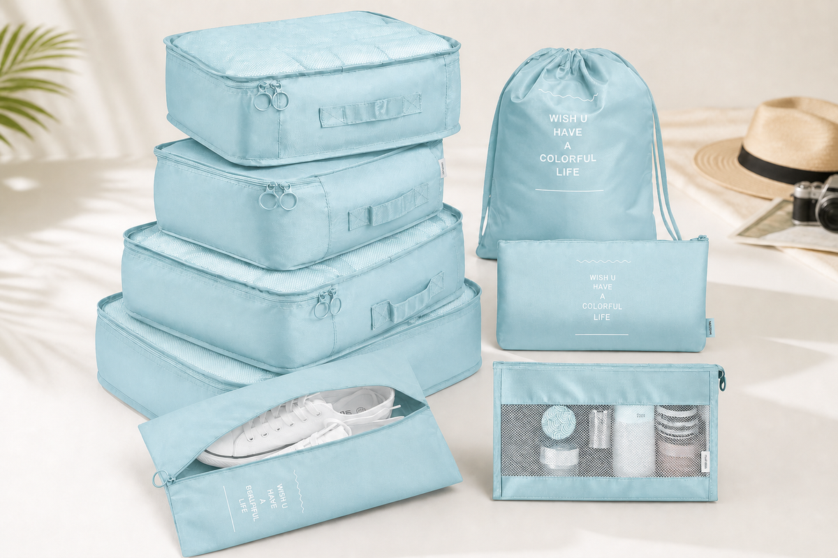 Complete pale aqua Voyage eight-piece packing cube set