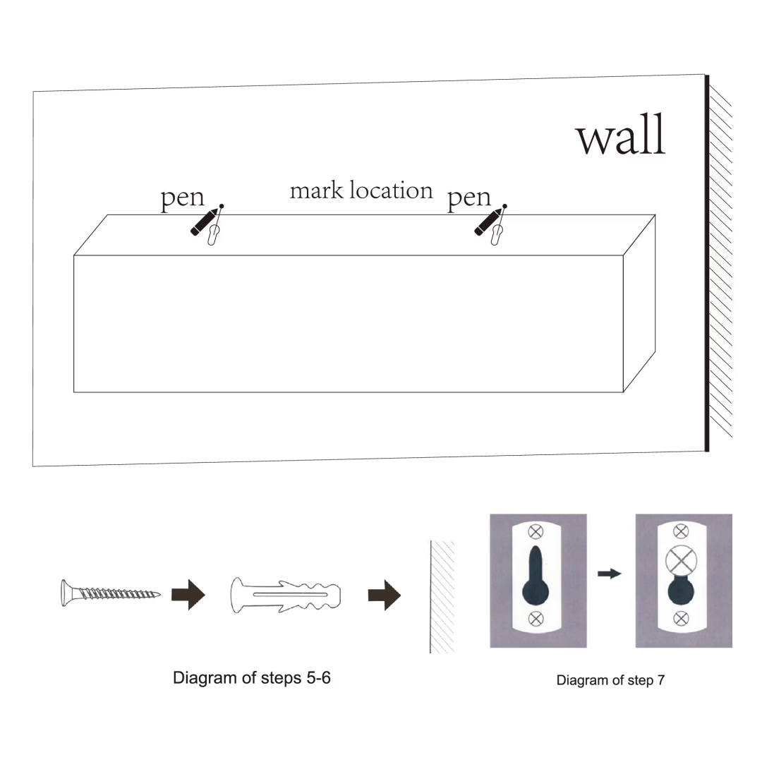 Installation diagram for the Halo shelf: marking the wall, inserting the anchor and screw, then hanging on the keyhole bracket