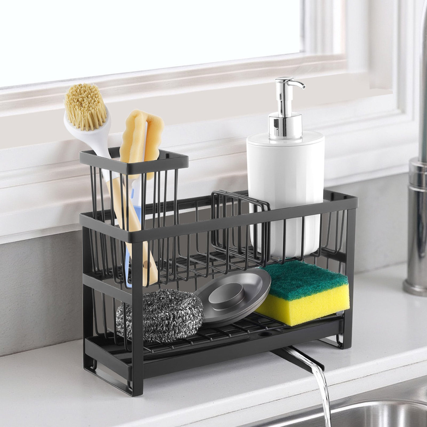 Cascade sink caddy fully loaded beside a kitchen sink, spout draining into the basin