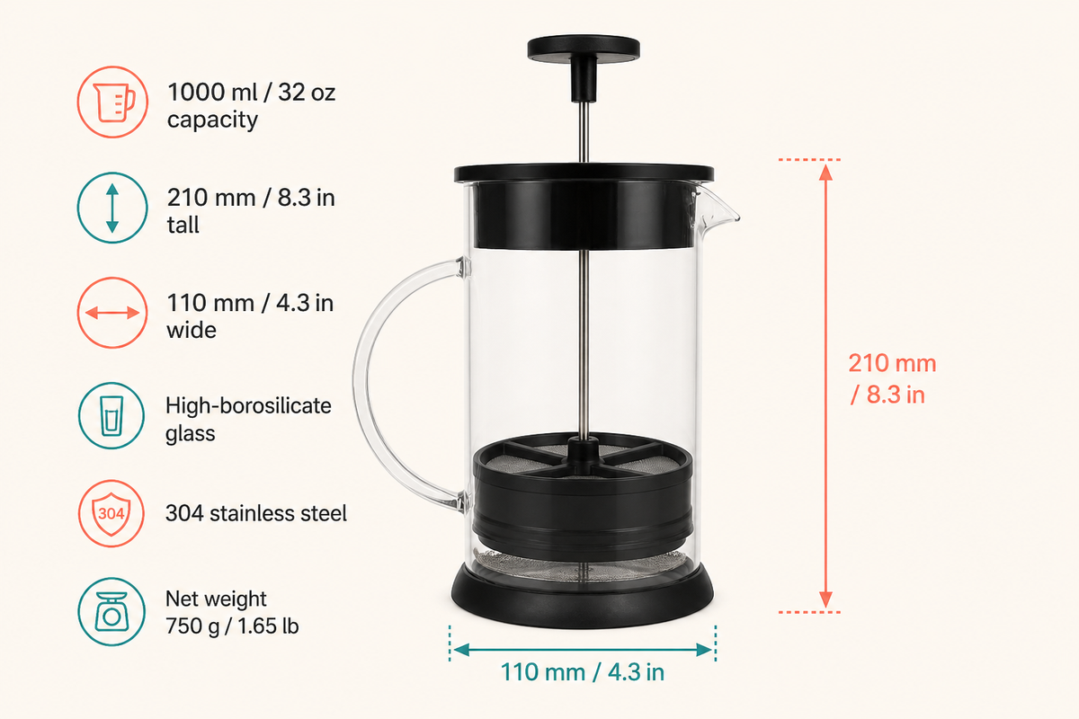 Steep capacity and dimensions: 1000 ml, 210 mm tall, 110 mm wide and 750 g net weight