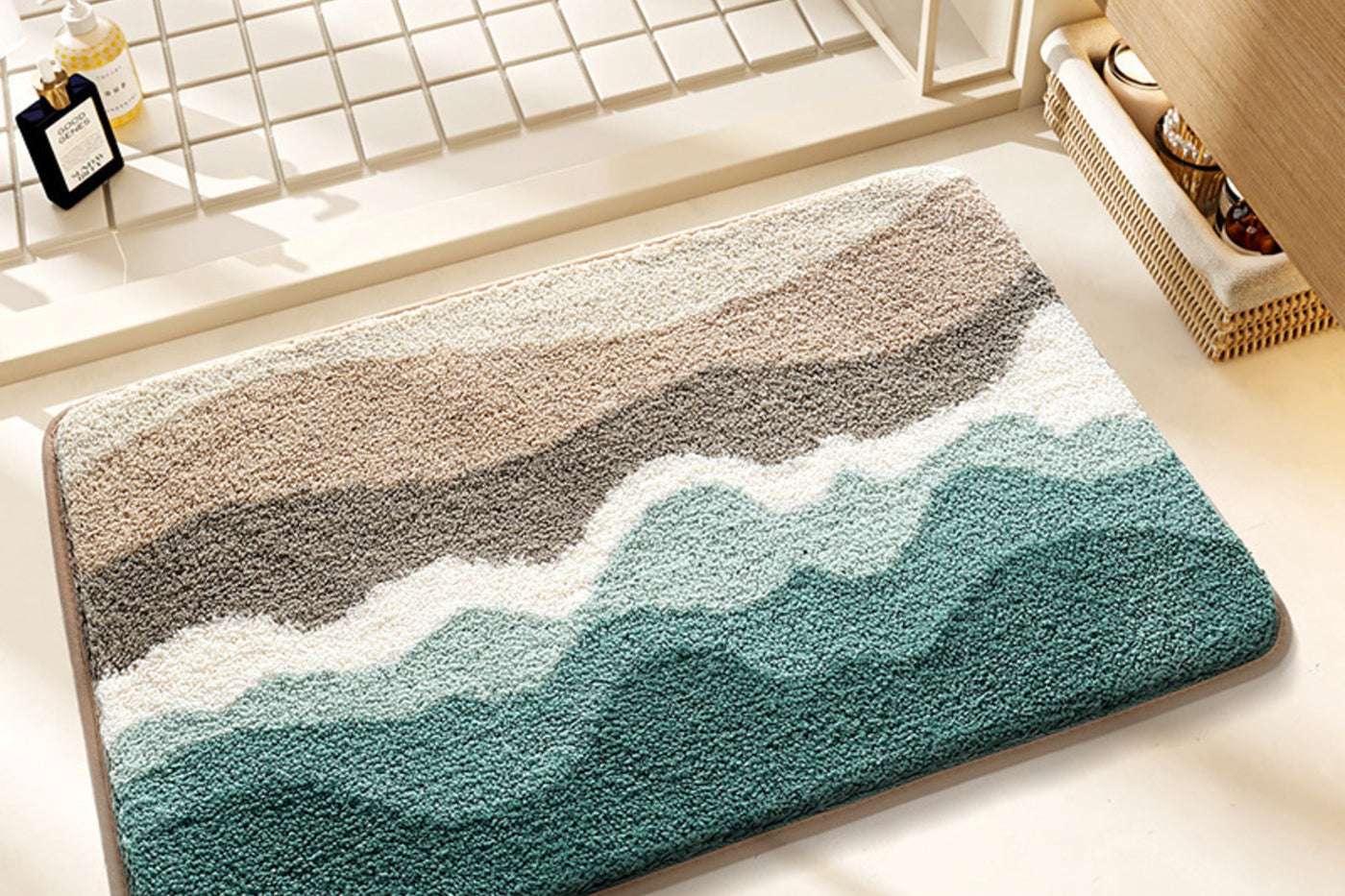 Seafoam Horizon Drift bath mat in a bright bathroom