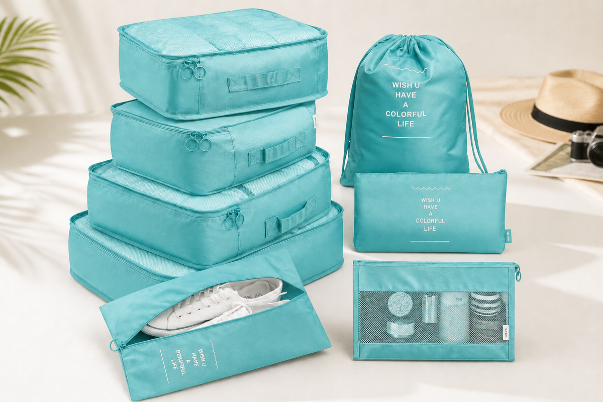 Complete bright turquoise-blue Voyage eight-piece packing cube set
