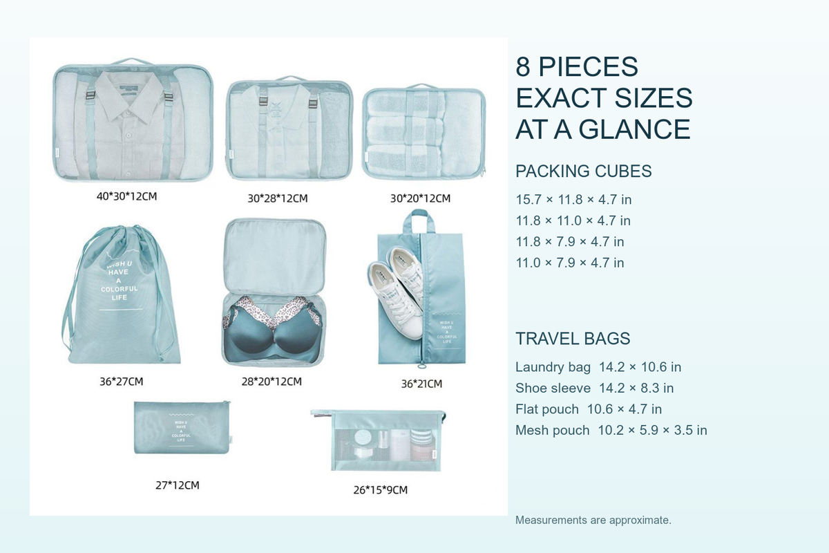 Voyage eight-piece packing organizer dimensions in inches and centimeters