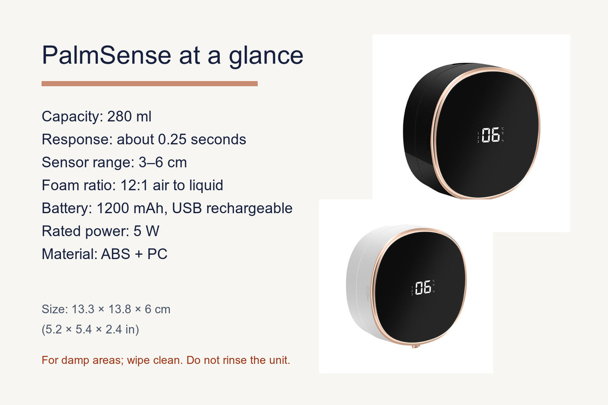 PalmSense capacity, sensor, battery, dimensions, materials and care specifications