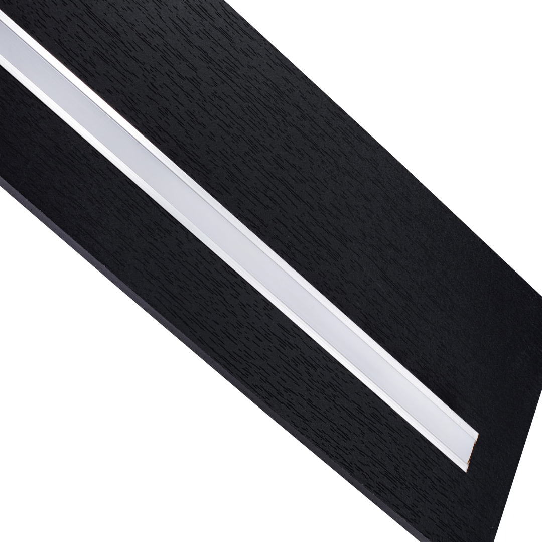 Close-up of the recessed LED diffuser strip along the underside of a Halo shelf