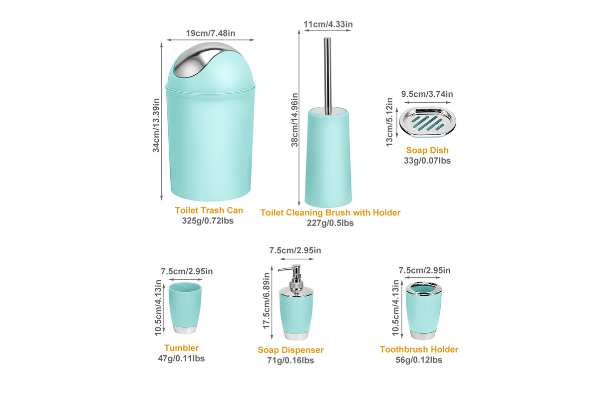 Suite six-piece bathroom set dimensions for the bin, toilet brush, dispenser, cups and soap dish