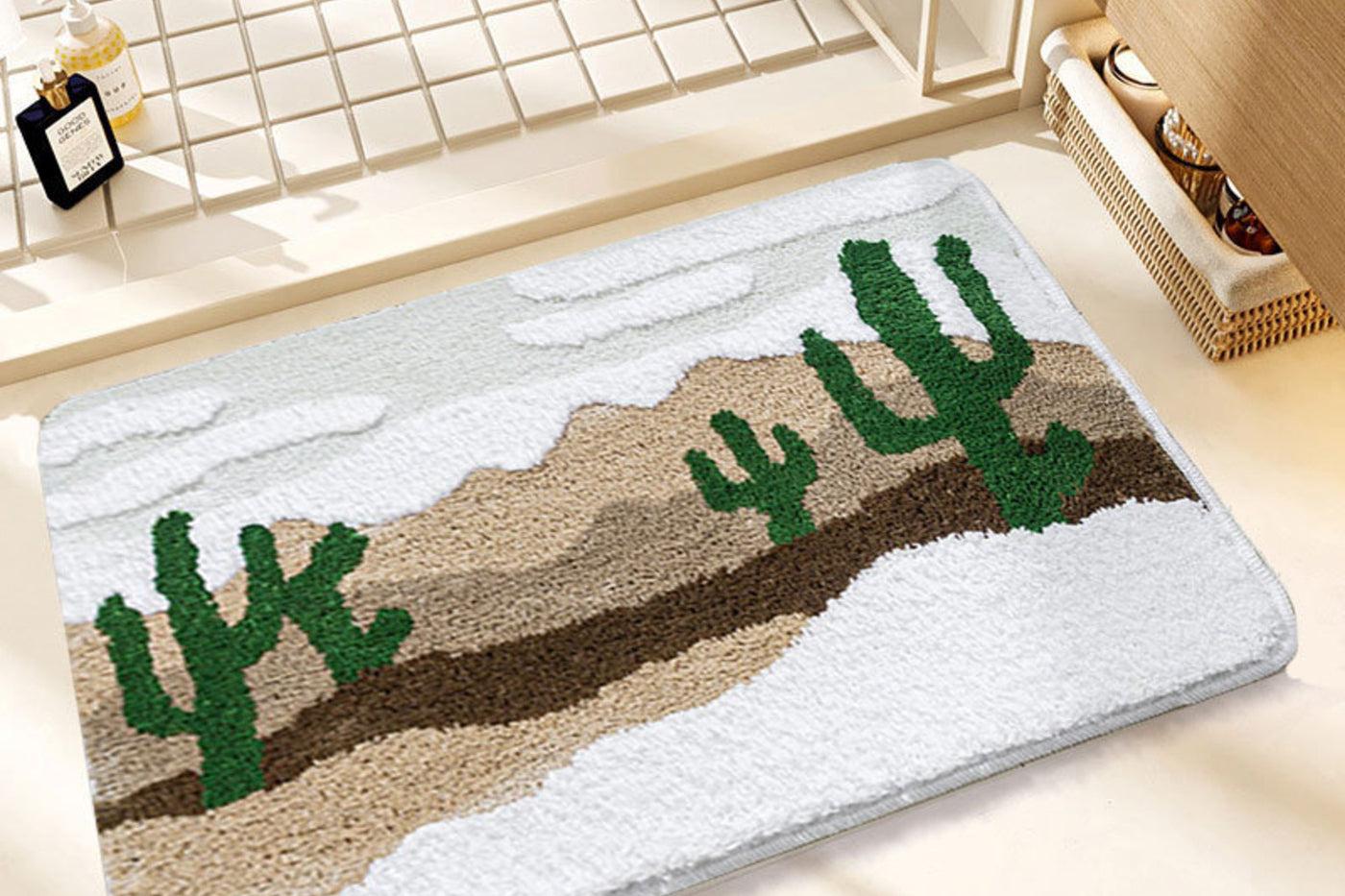 Desert Trail Drift bath mat with a cactus landscape