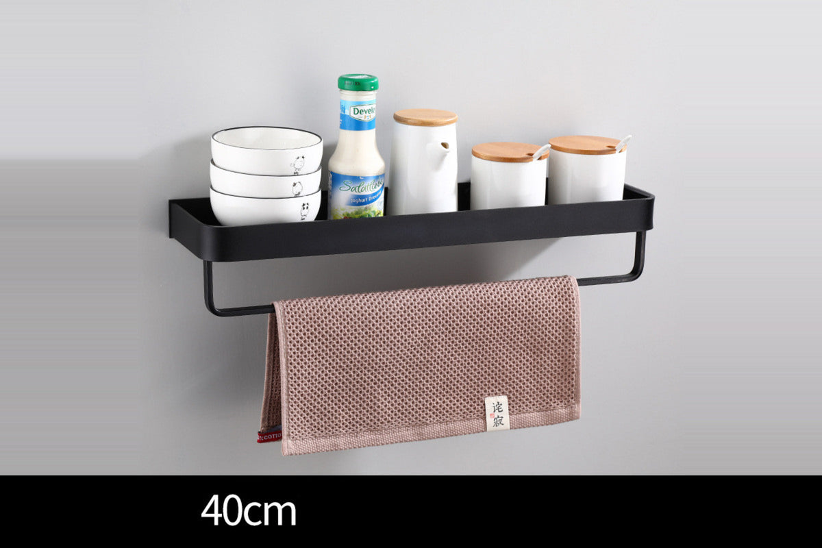 Ledge 40 cm matte-black wall shelf with towel bar, fully shown
