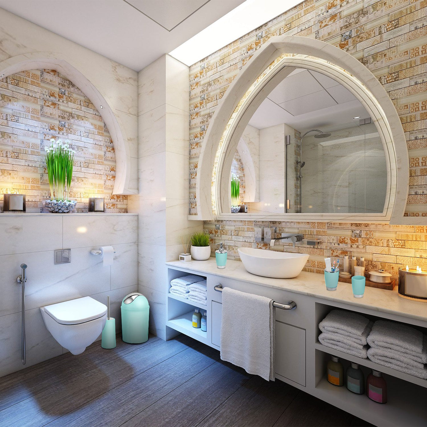 Aqua Suite pieces in place around a bathroom vanity and wall-hung toilet