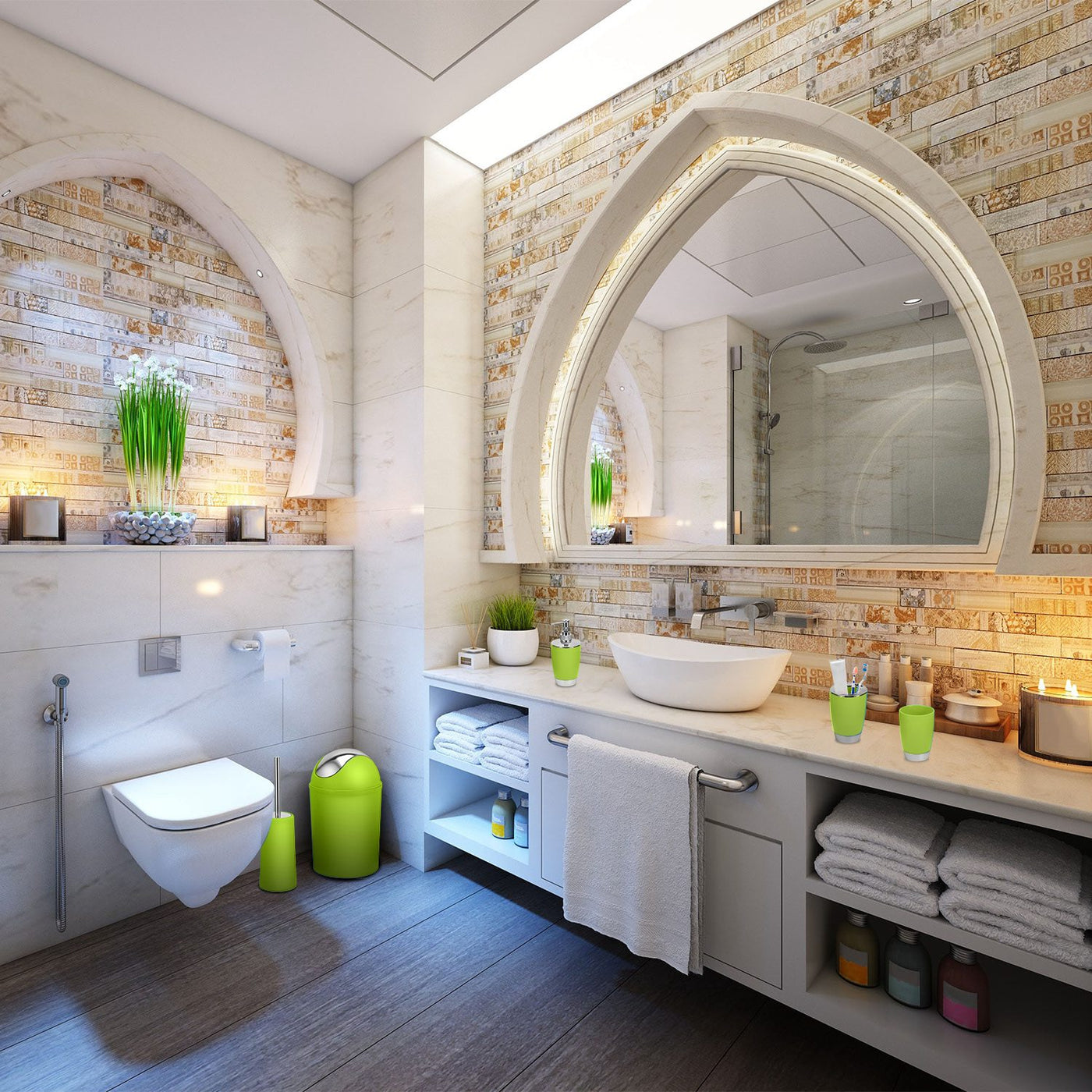 Green Suite pieces in place around a bathroom vanity and wall-hung toilet