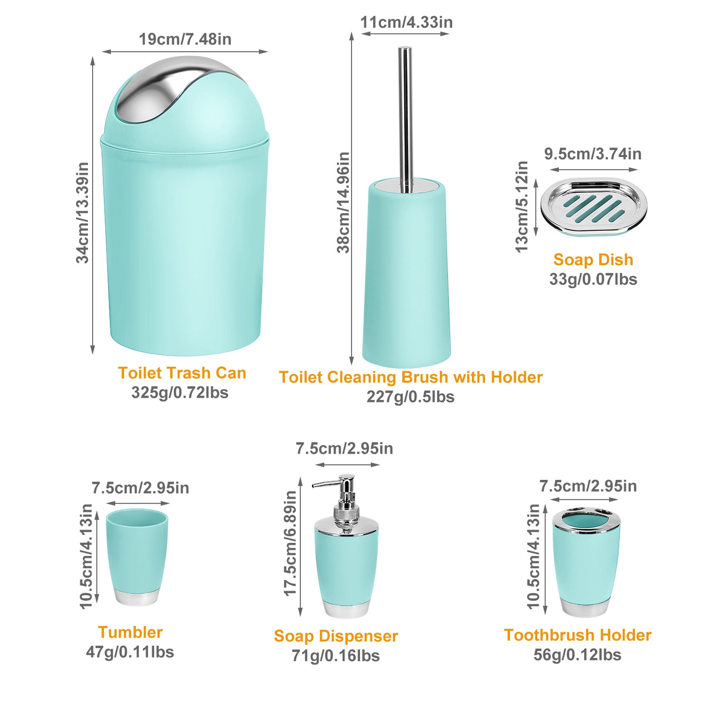 Suite piece dimensions — 13.39 in trash can, 14.96 in toilet brush, 5.12 in soap dish, 4.13 in tumbler, 6.89 in soap dispenser and 4.13 in toothbrush holder