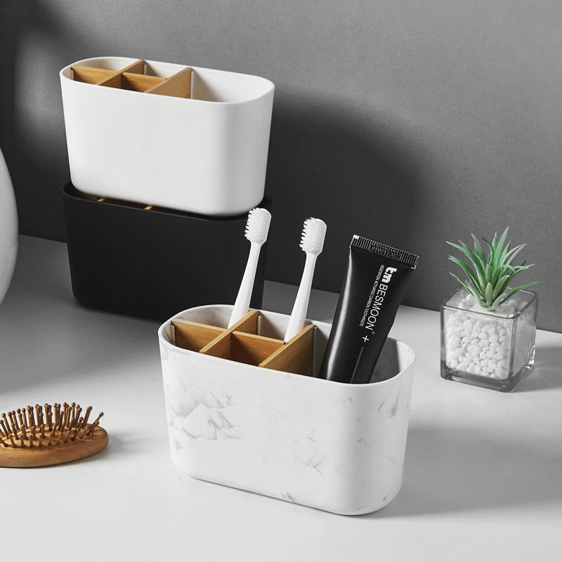 BrushNook white organizer with bamboo dividers