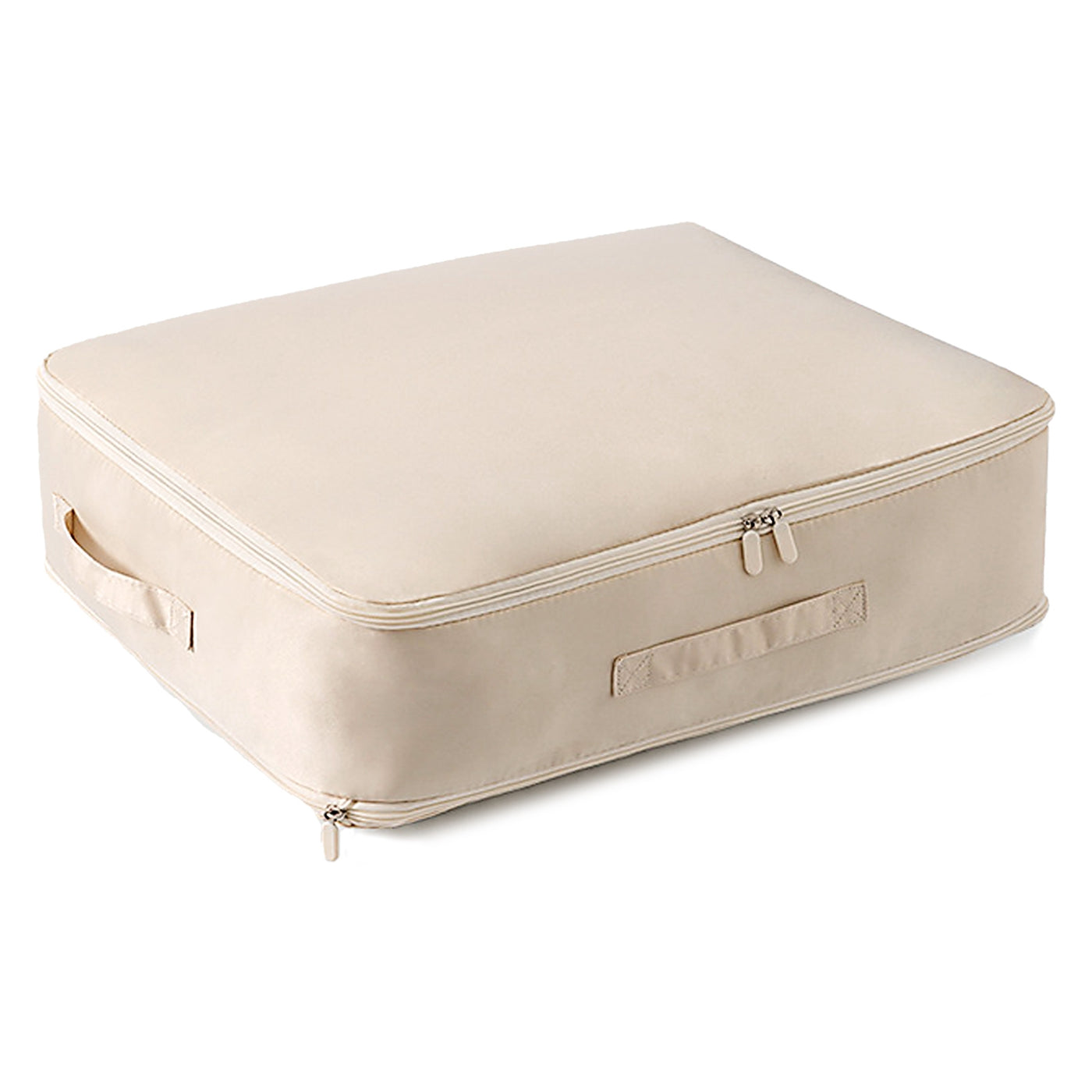 Loft bedding storage bag in beige, zipped down flat to slide under a bed