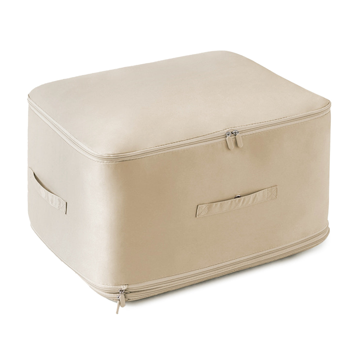 Loft bedding storage bag in beige, zipped to its full height