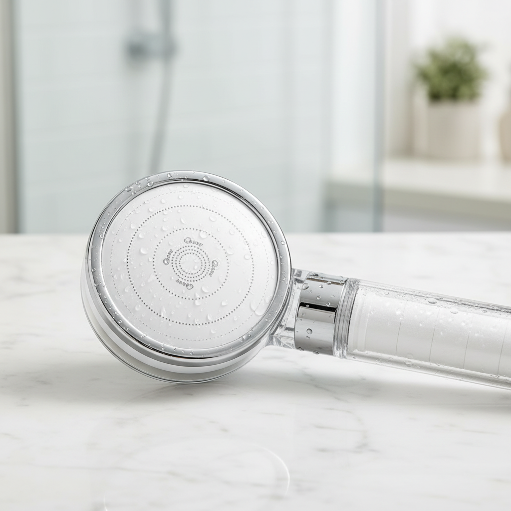 Three-quarter close-up of the PureRain spray face and filter chamber