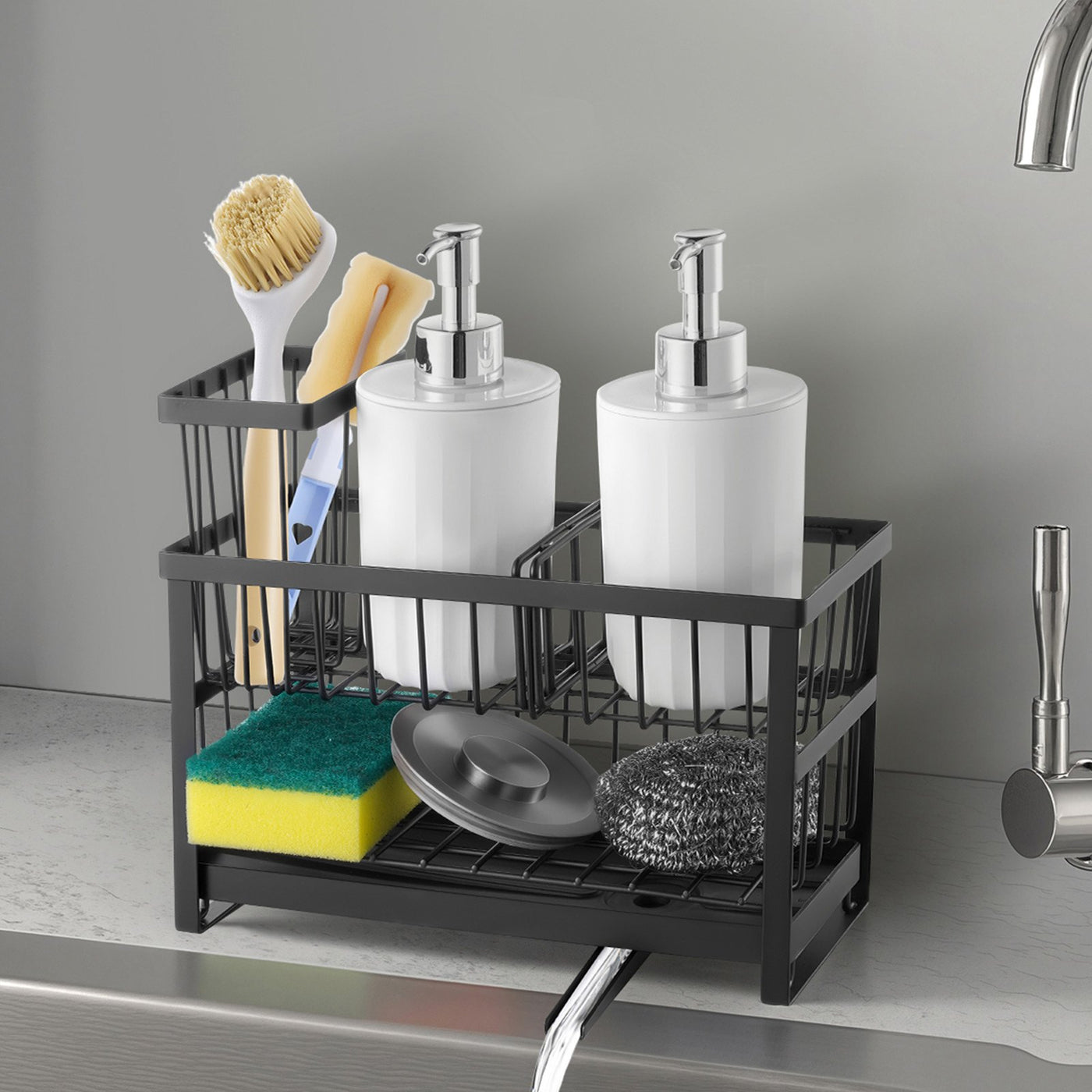 Cascade sink caddy holding two soap pumps, brushes, a sponge and a scourer