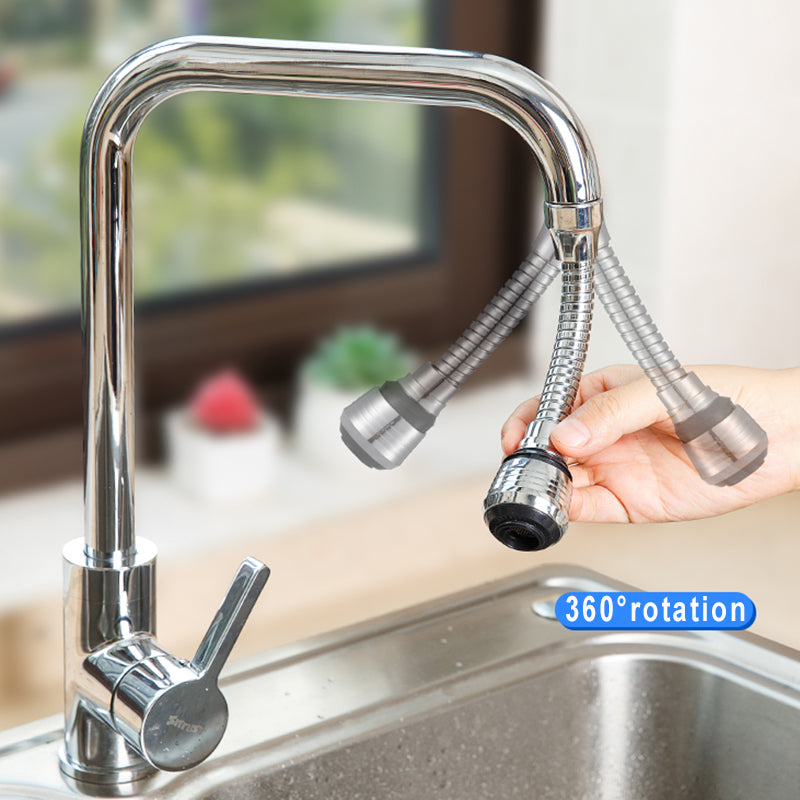 Hand swivelling the flexible extender on a kitchen tap, labelled 360° rotation