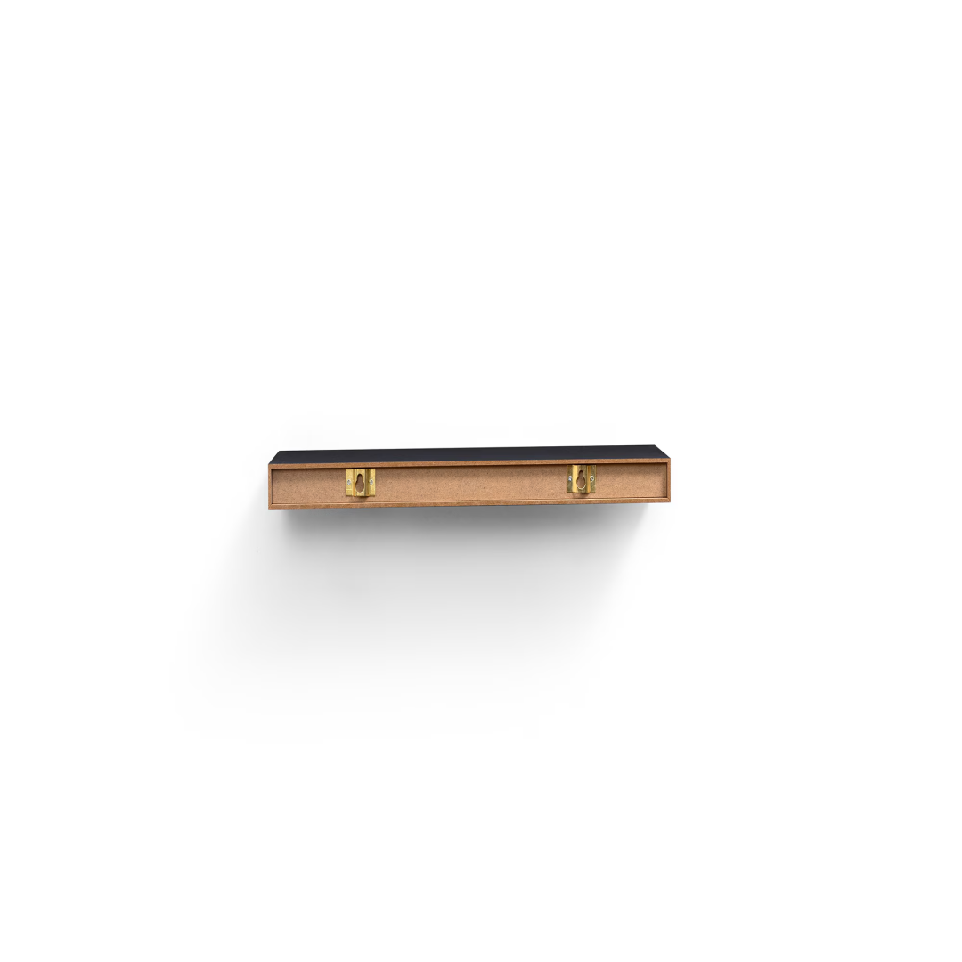 Halo floating shelf seen from below, showing the brass keyhole brackets on the back panel