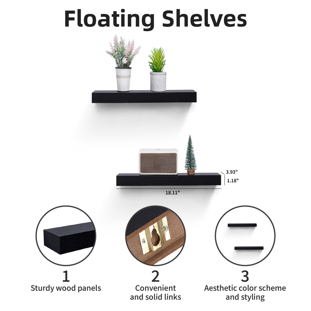 Halo floating shelves — 18.11 inches wide, 3.93 inches deep, 1.18 inches thick, with sturdy wood panels and concealed brackets