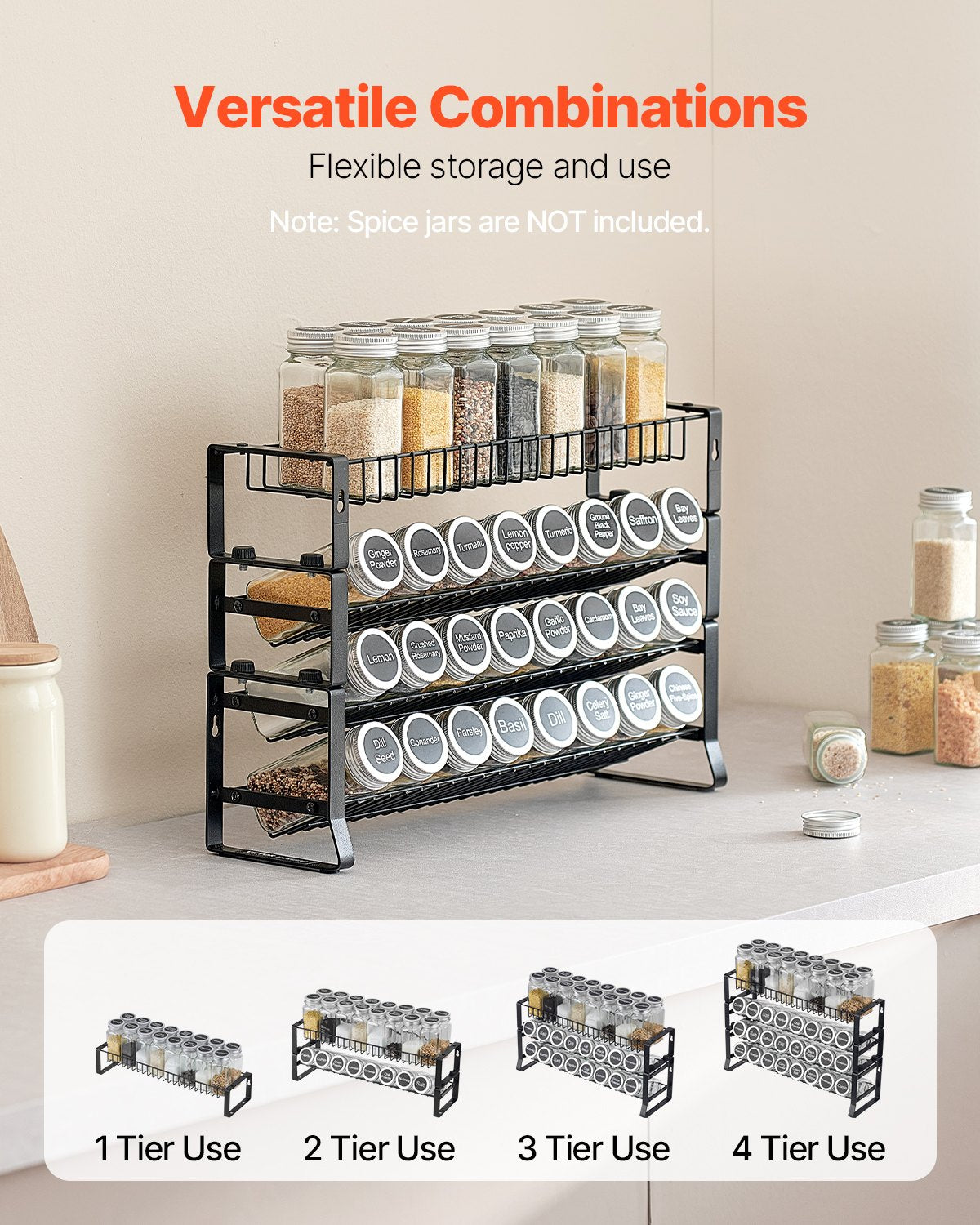 Versatile combinations — Savor rack used as one, two, three or four tiers. Note: spice jars are not included