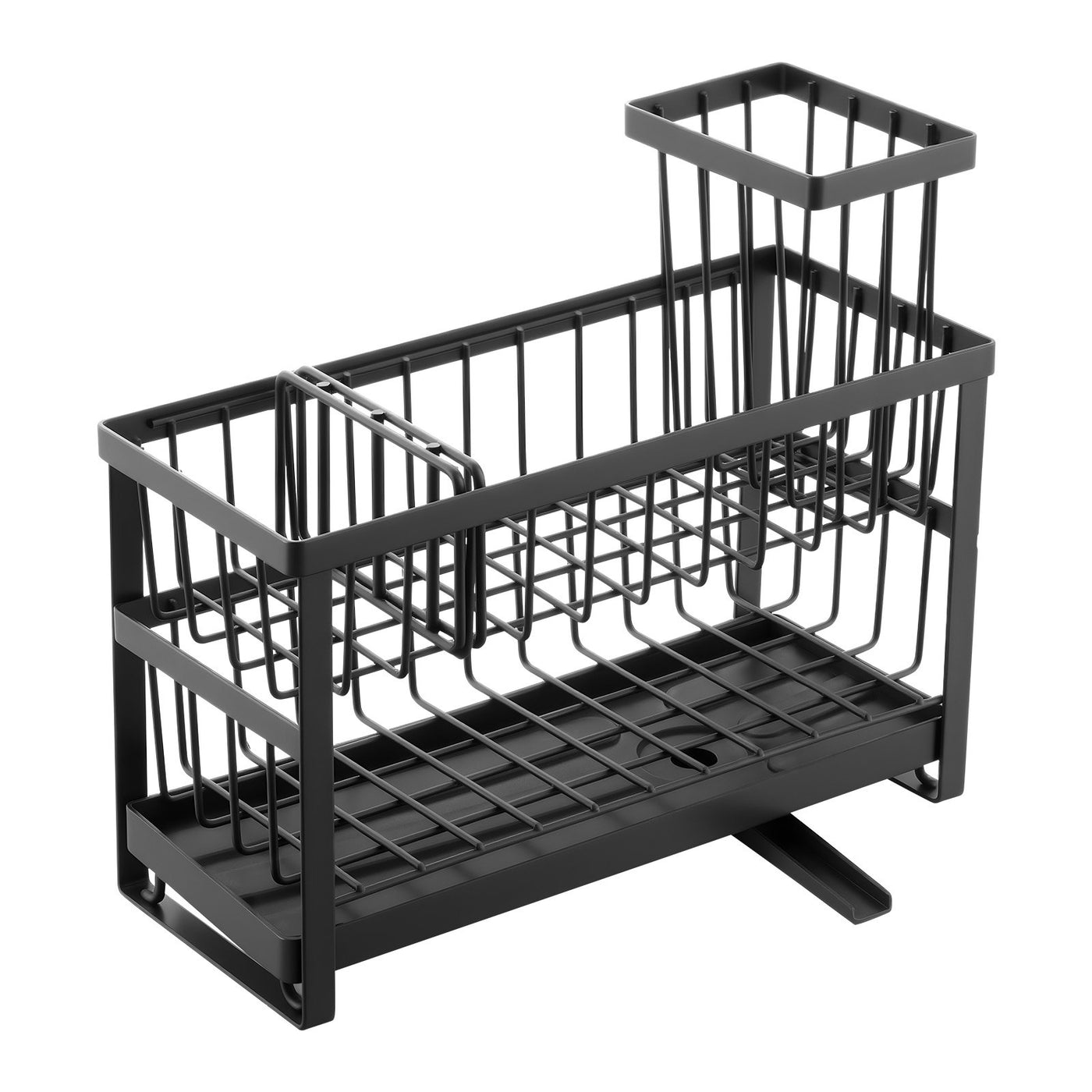 Empty Cascade sink caddy in black steel, showing both tiers and the utensil cup