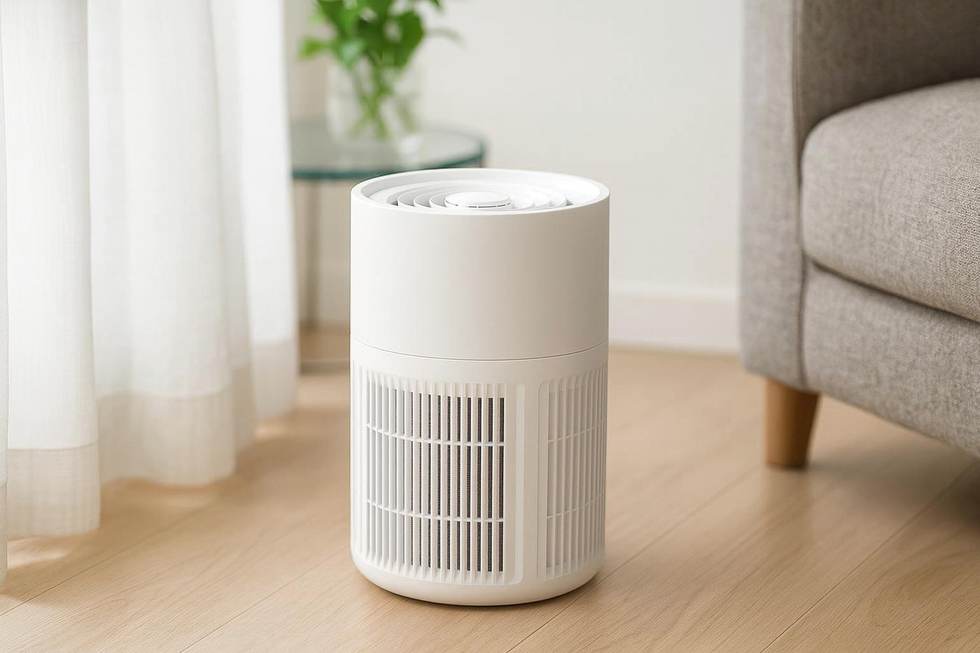 AeroPure air purifier shown from the front, its intake vents wrapping the cylindrical body